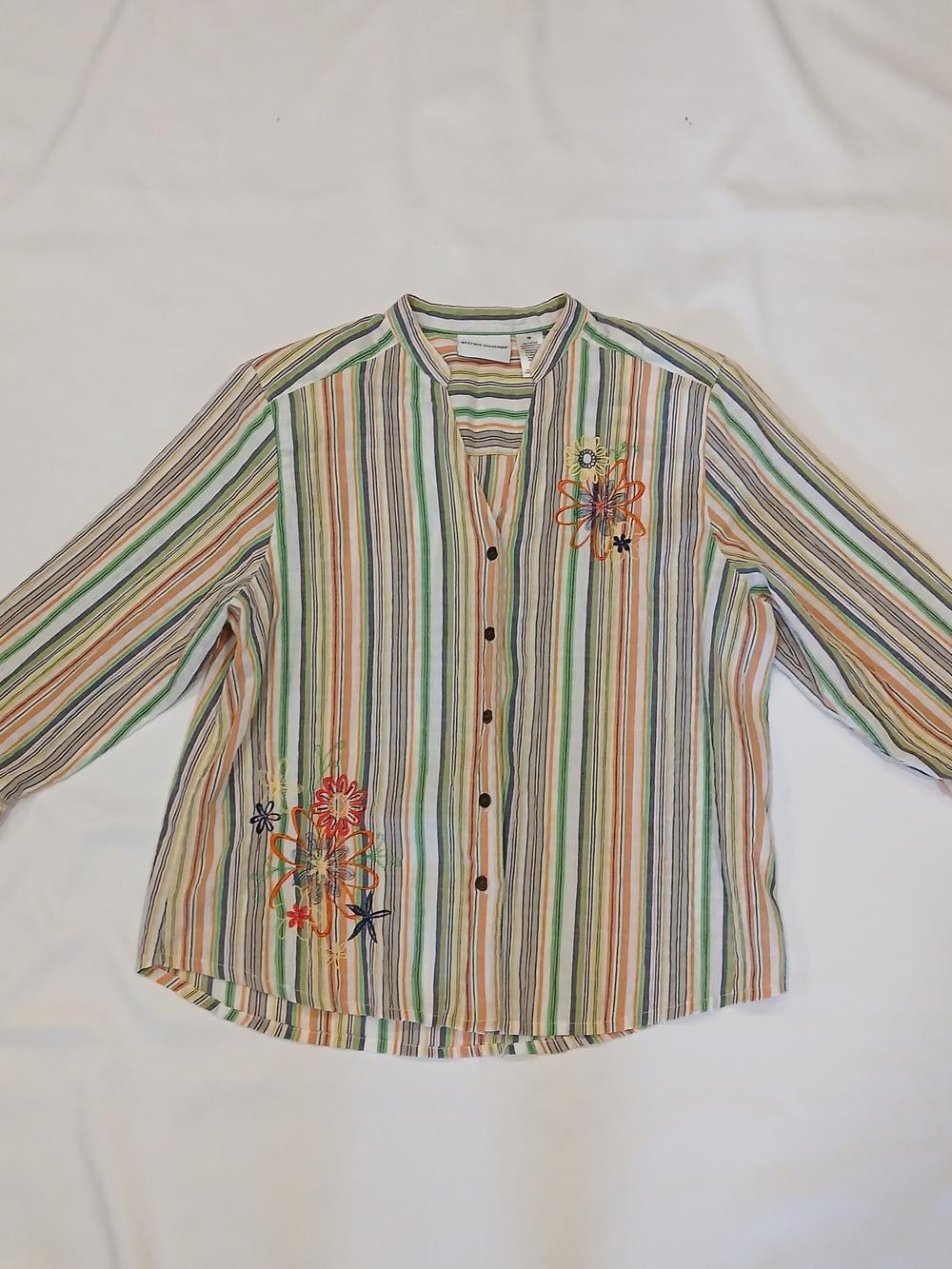 Alfred Dunner Womens 16 Button Shirt Multicolor Striped 3/4 Sleeve Embroidered